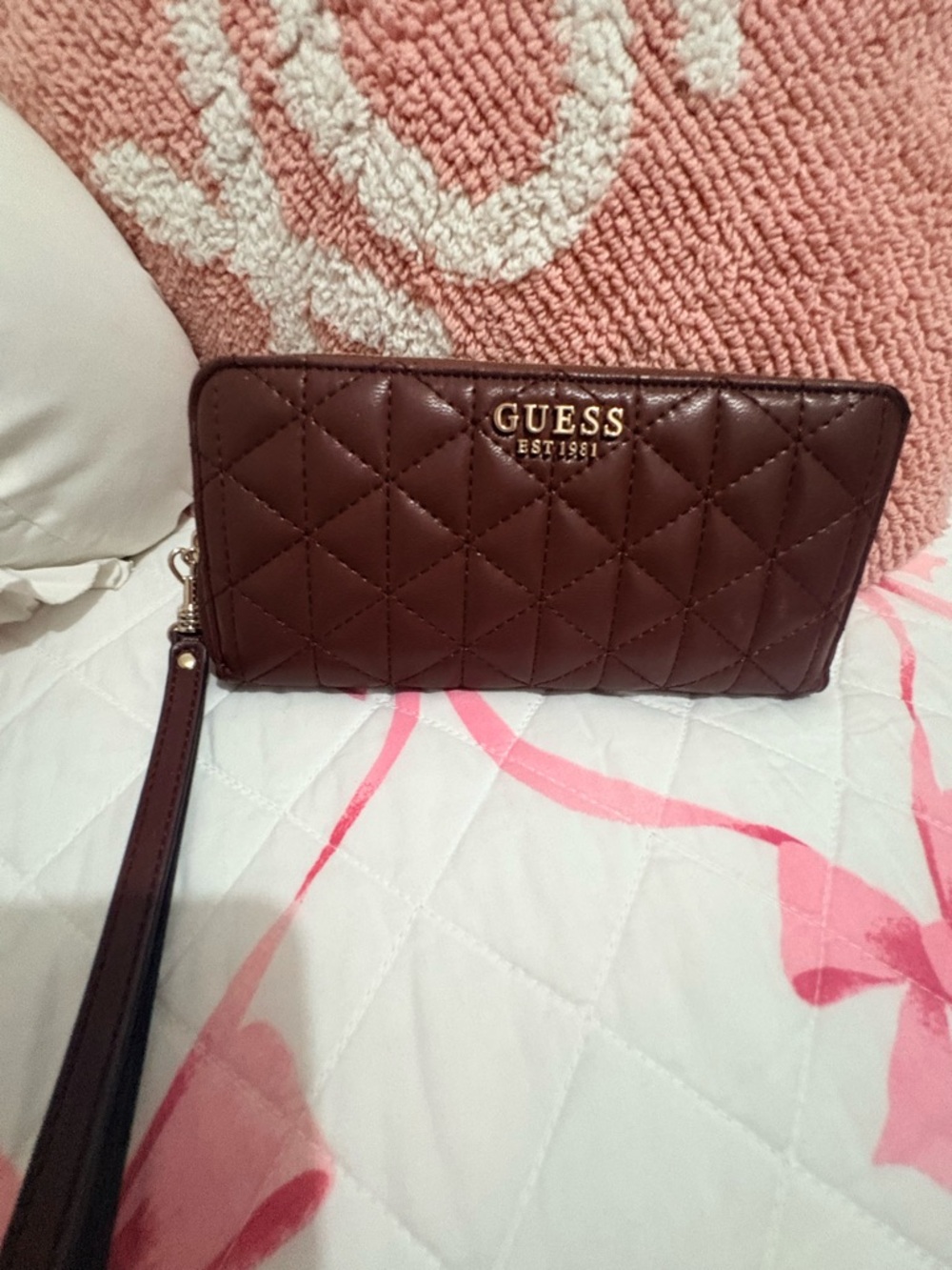 GUESS Quilted Dark Burgundy Wristlet with Gold Logo